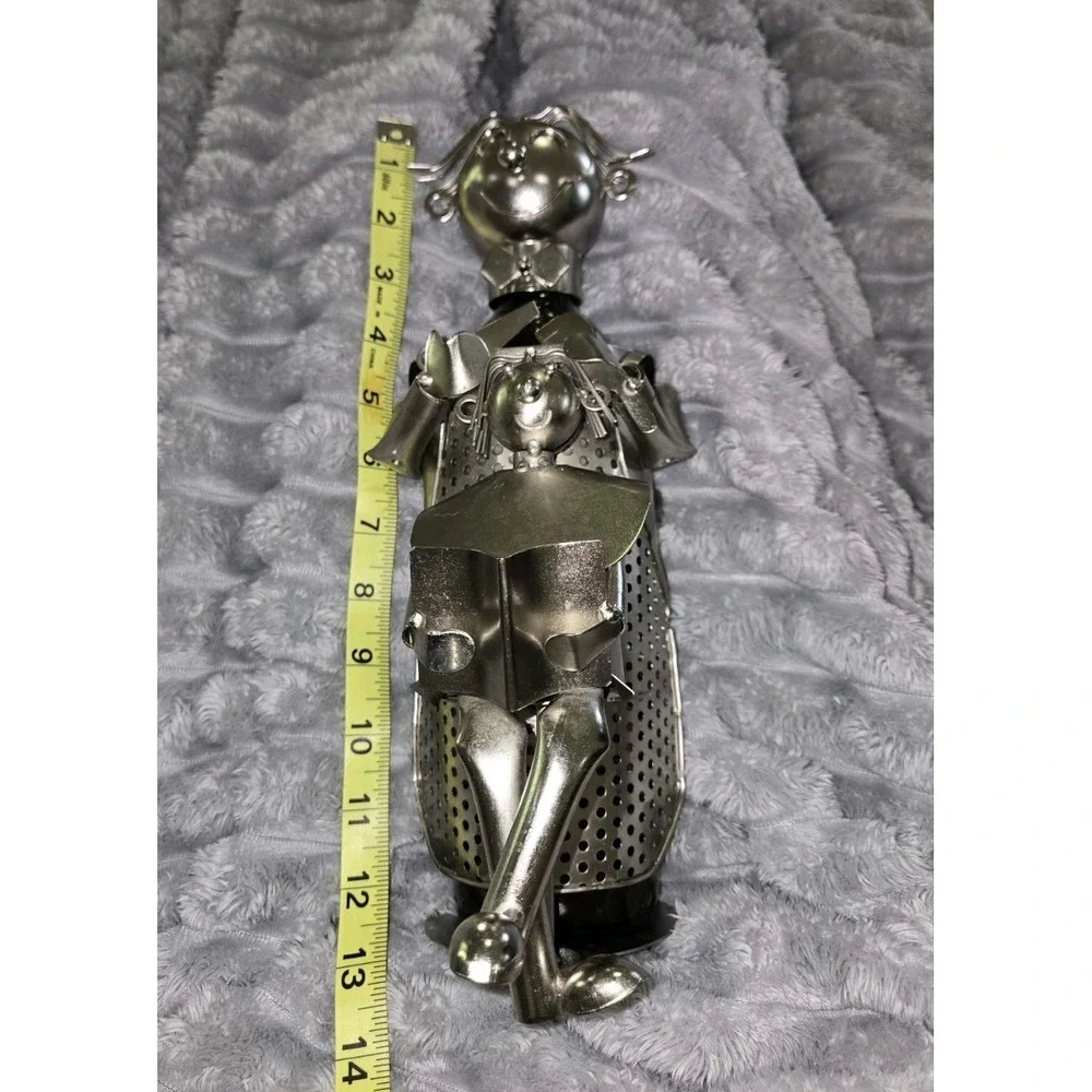Metal Wine Bottle Holder Whimsical Figure Reading to Child Industrial Art Silver